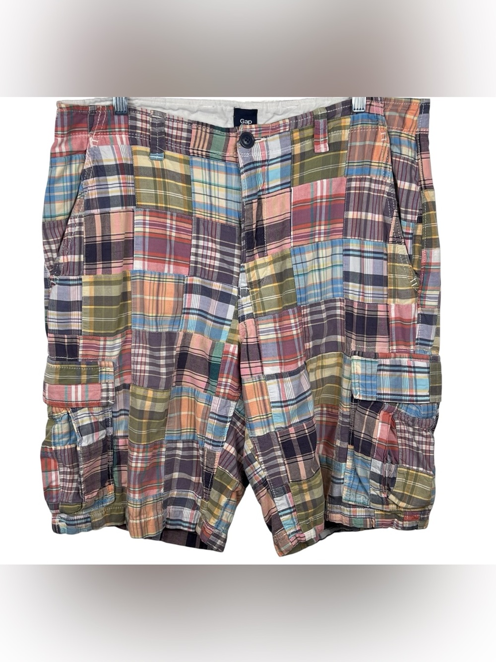 GAP Y2K Cargo Shorts Mens 33 Colorful Madras Plaid Patchwork Preppy Rugged Short